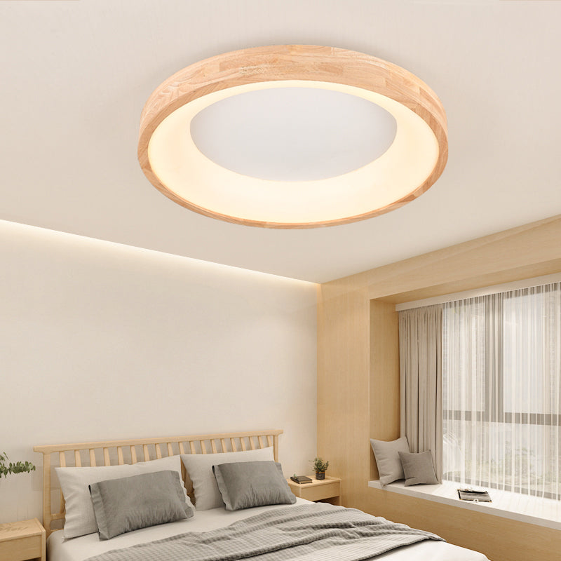 Wood Round Shape Flush Ceiling Light Modern Style 1-Light Flush Mount Lighting in Brown