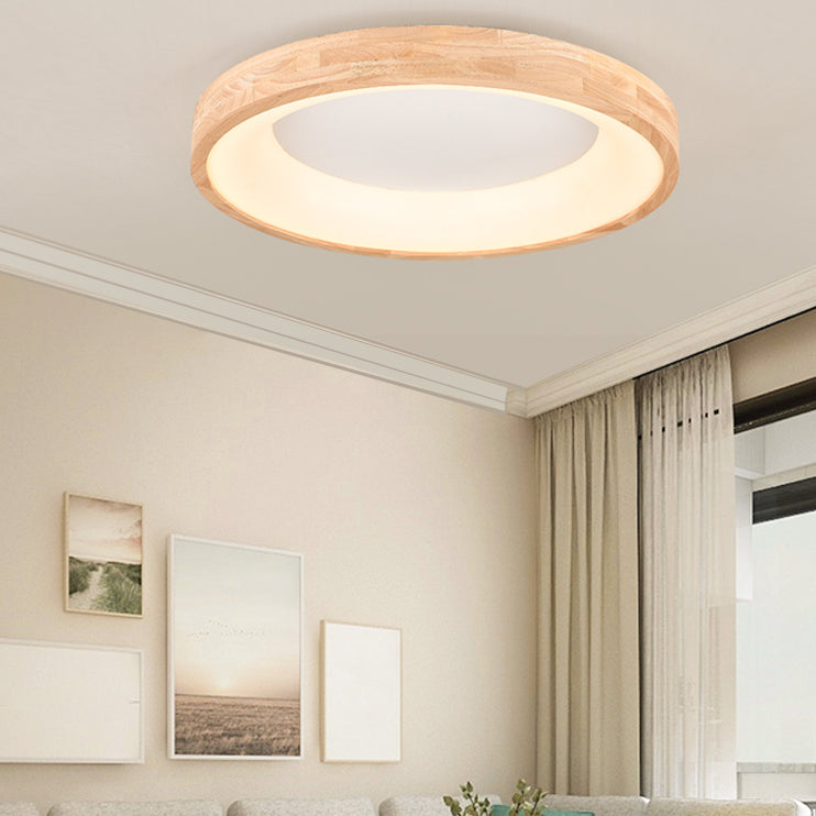 Wood Round Shape Flush Ceiling Light Modern Style 1-Light Flush Mount Lighting in Brown