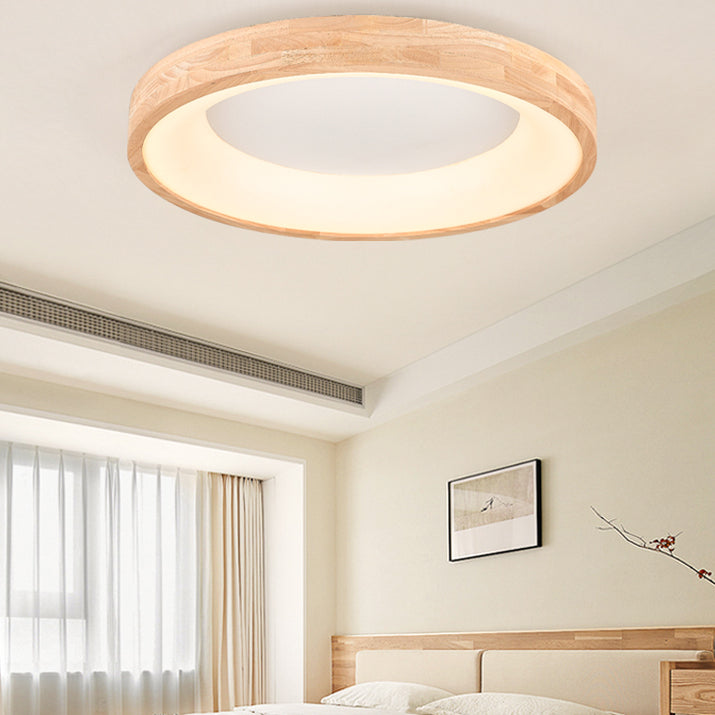 Wood Round Shape Flush Ceiling Light Modern Style 1-Light Flush Mount Lighting in Brown