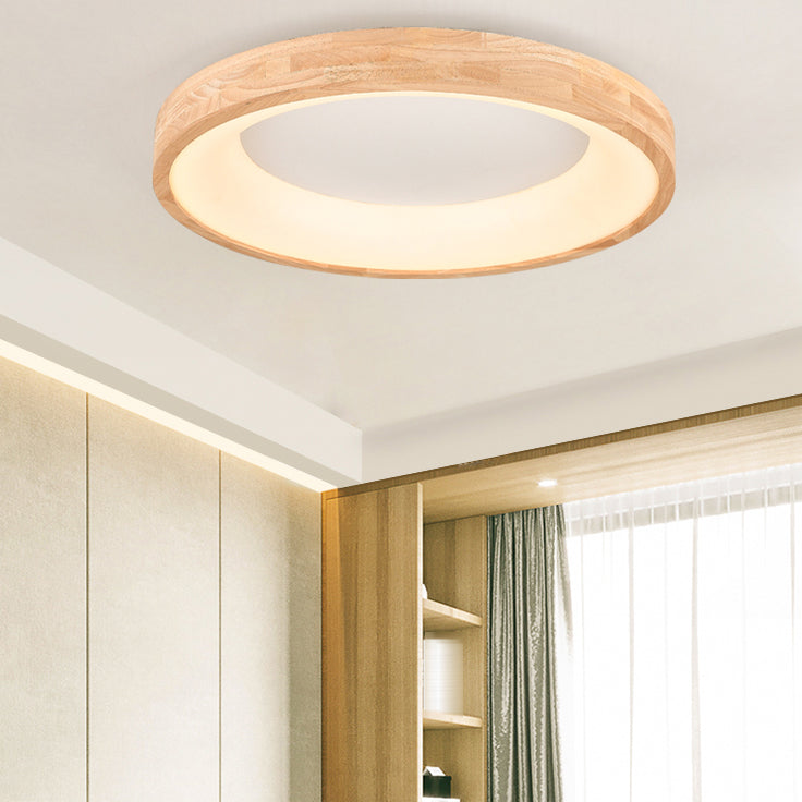 Wood Round Shape Flush Ceiling Light Modern Style 1-Light Flush Mount Lighting in Brown