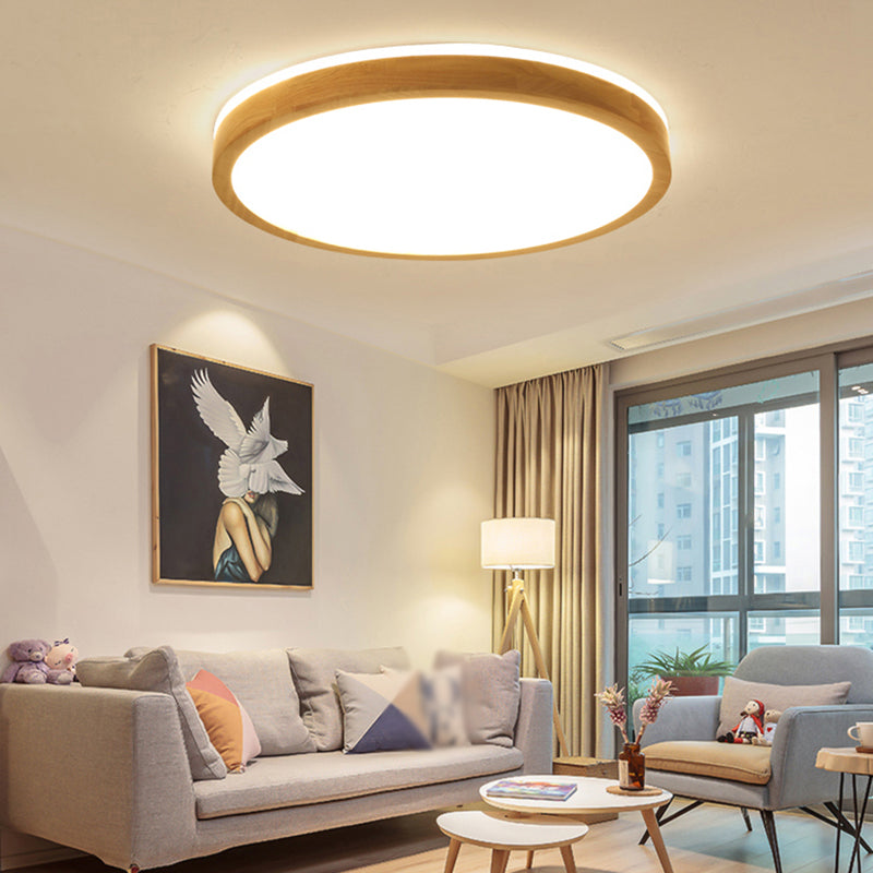 Round Wood Flush Ceiling Light Modern 1 Light Flush Mount Fixture in Brown