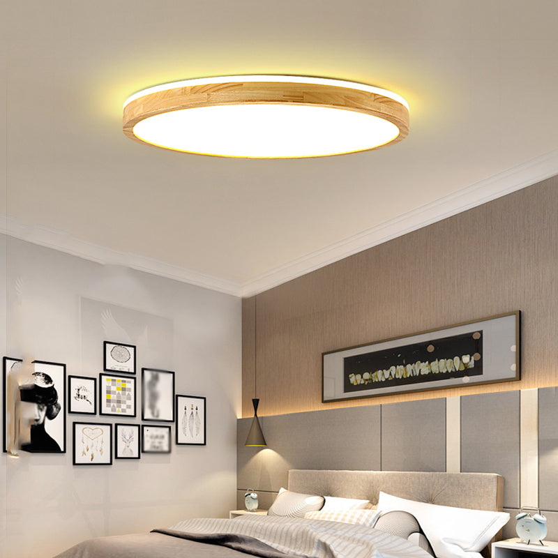 Round Wood Flush Ceiling Light Modern 1 Light Flush Mount Fixture in Brown