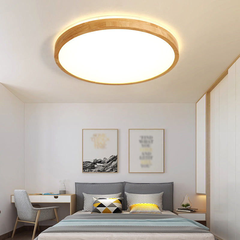 Round Wood Flush Ceiling Light Modern 1 Light Flush Mount Fixture in Brown