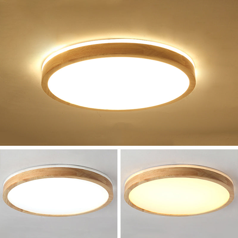 Round Wood Flush Ceiling Light Modern 1 Light Flush Mount Fixture in Brown