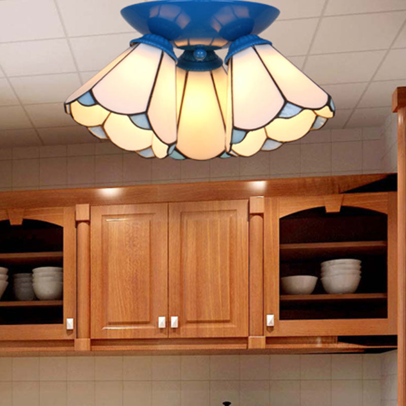 3 Lights Scalloped Ceiling Lamp Tiffany Stained Glass Flush Mount Light for Kitchen