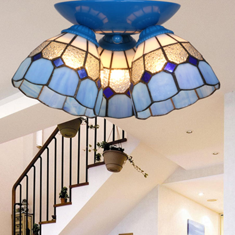 3 Lights Scalloped Ceiling Lamp Tiffany Stained Glass Flush Mount Light for Kitchen