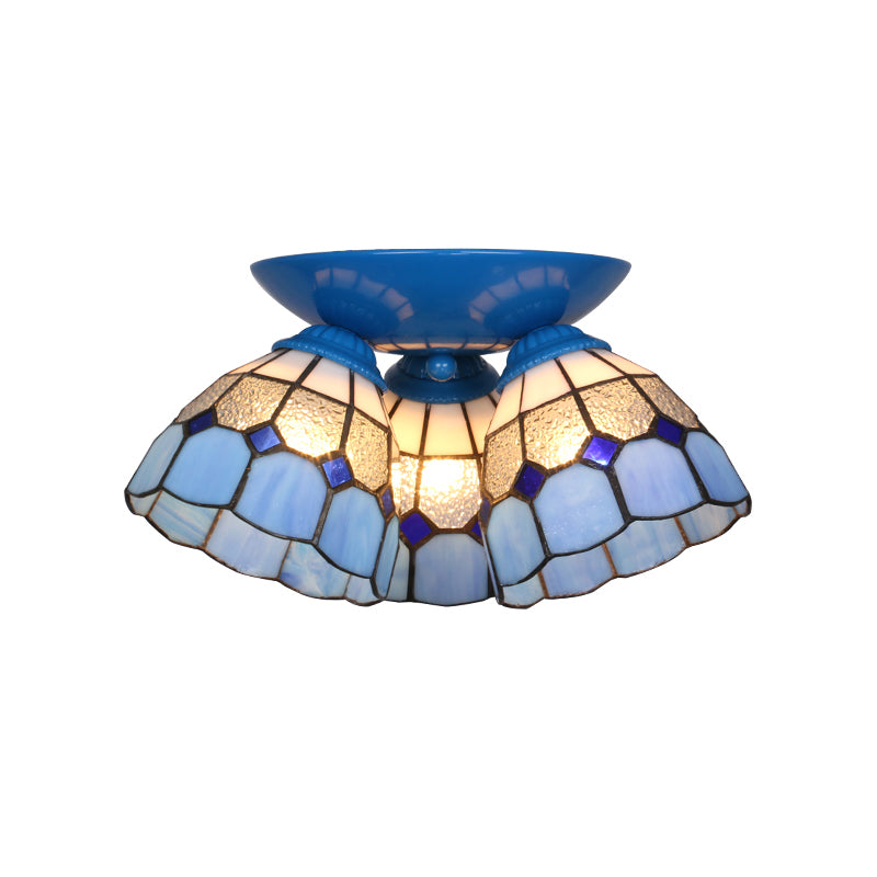 3 Lights Scalloped Ceiling Lamp Tiffany Stained Glass Flush Mount Light for Kitchen