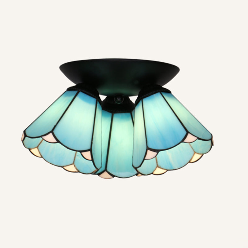 3 Lights Scalloped Ceiling Lamp Tiffany Stained Glass Flush Mount Light for Kitchen