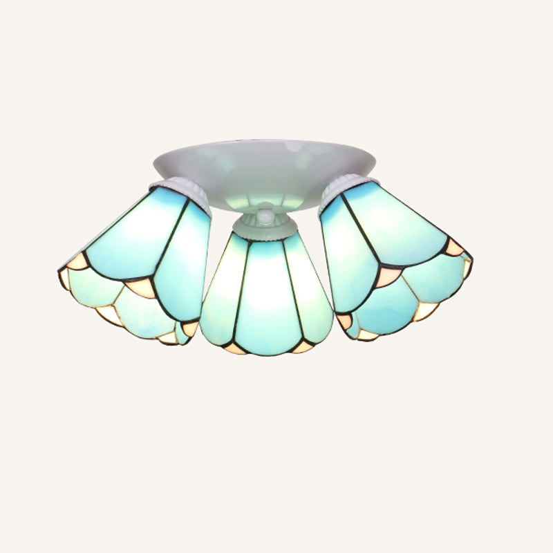 3 Lights Scalloped Ceiling Lamp Tiffany Stained Glass Flush Mount Light for Kitchen