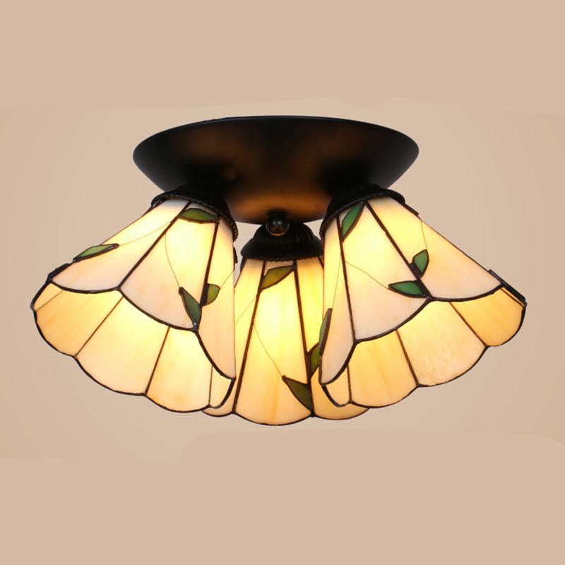 3 Lights Scalloped Ceiling Lamp Tiffany Stained Glass Flush Mount Light for Kitchen