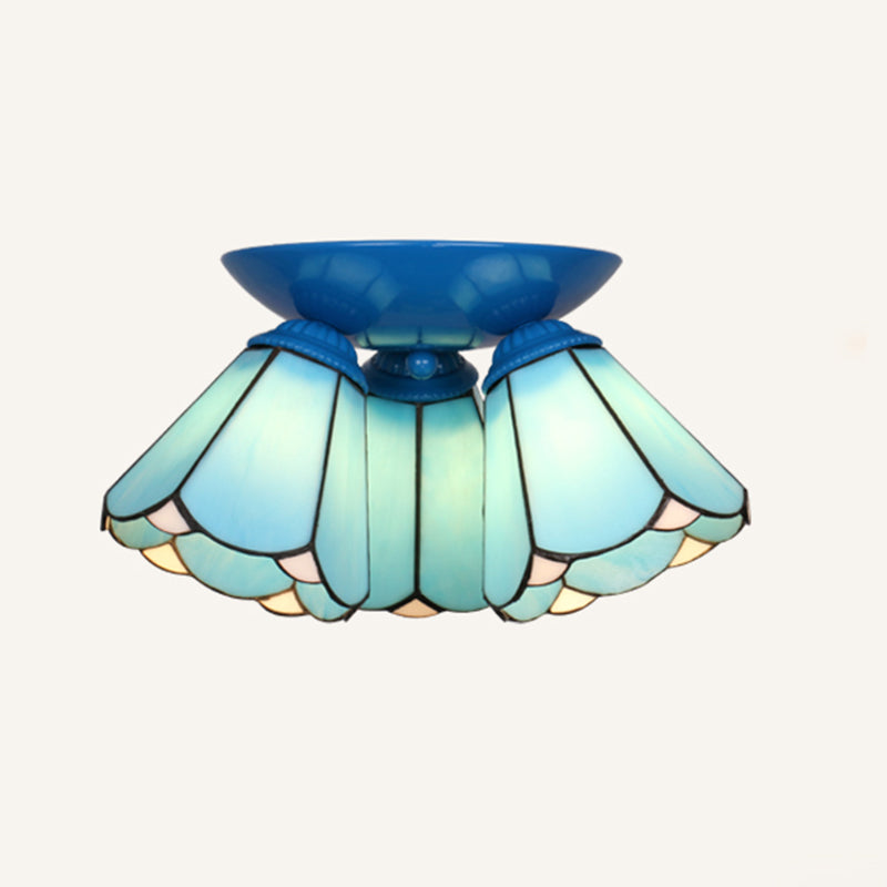 3 Lights Scalloped Ceiling Lamp Tiffany Stained Glass Flush Mount Light for Kitchen