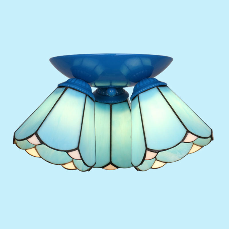 3 Lights Scalloped Ceiling Lamp Tiffany Stained Glass Flush Mount Light for Kitchen