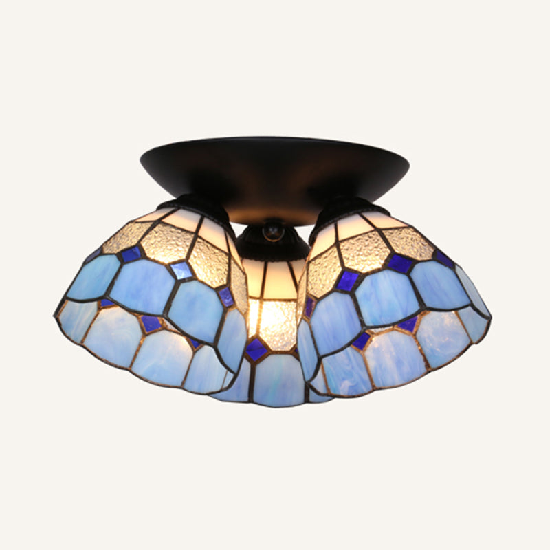 3 Lights Scalloped Ceiling Lamp Tiffany Stained Glass Flush Mount Light for Kitchen