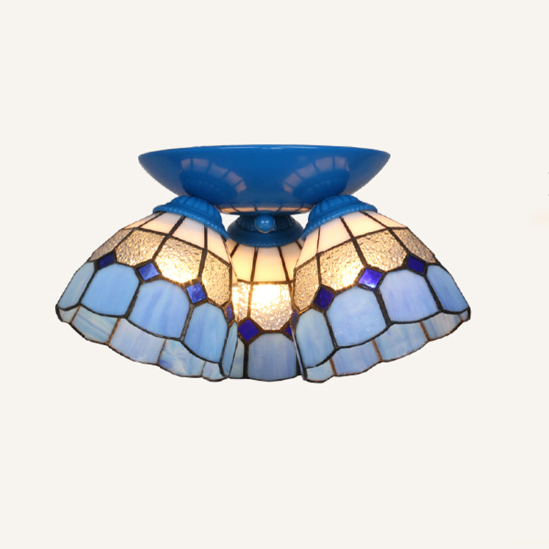 3 Lights Scalloped Ceiling Lamp Tiffany Stained Glass Flush Mount Light for Kitchen