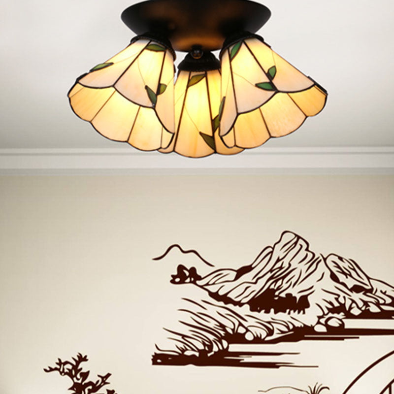 3 Lights Scalloped Ceiling Lamp Tiffany Stained Glass Flush Mount Light for Kitchen