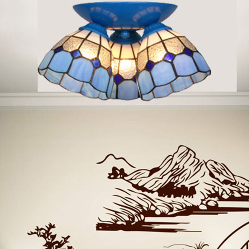 3 Lights Scalloped Ceiling Lamp Tiffany Stained Glass Flush Mount Light for Kitchen