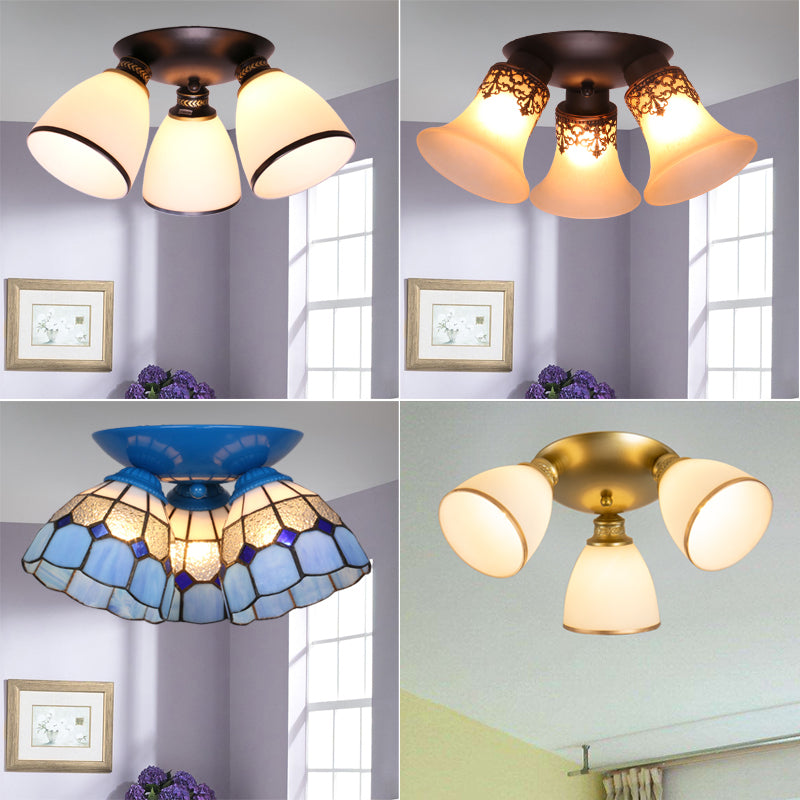 3 Lights Scalloped Ceiling Lamp Tiffany Stained Glass Flush Mount Light for Kitchen