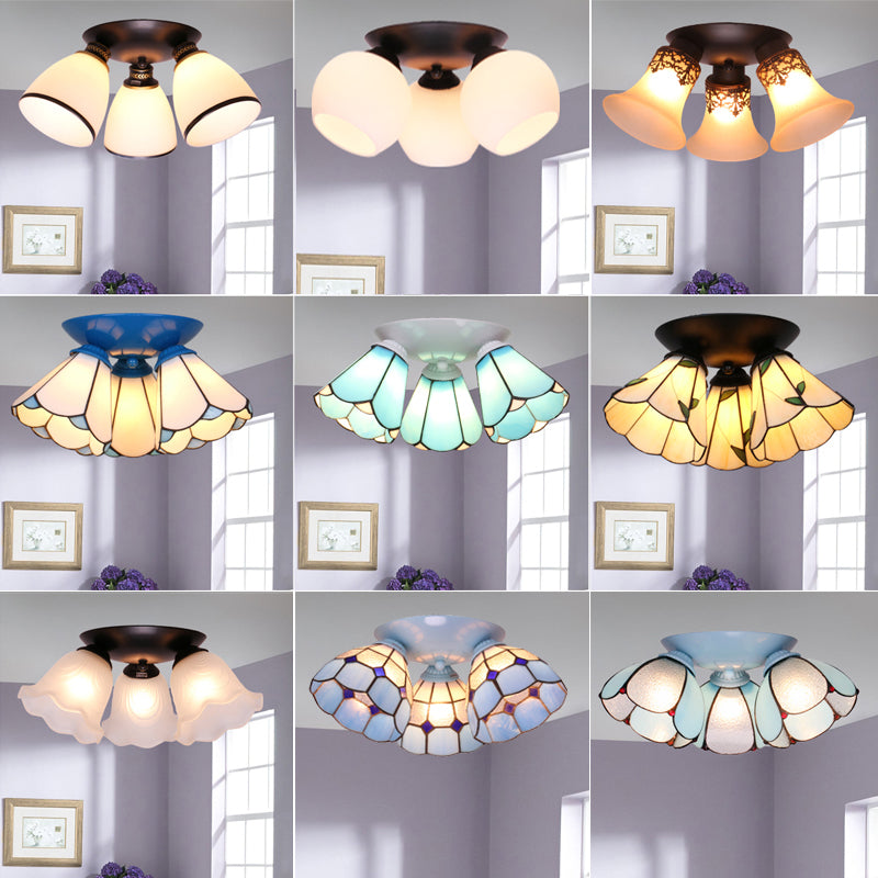 3 Lights Scalloped Ceiling Lamp Tiffany Stained Glass Flush Mount Light for Kitchen