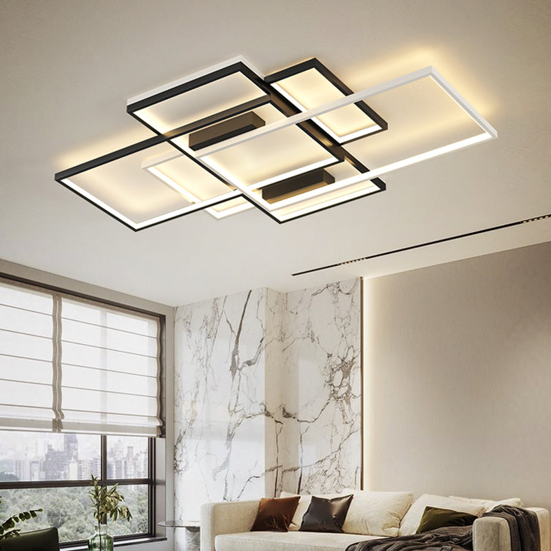 Modern Rectangle Flush Light Fixture Metal 5 Light Flush Mount Lamps in Black and White