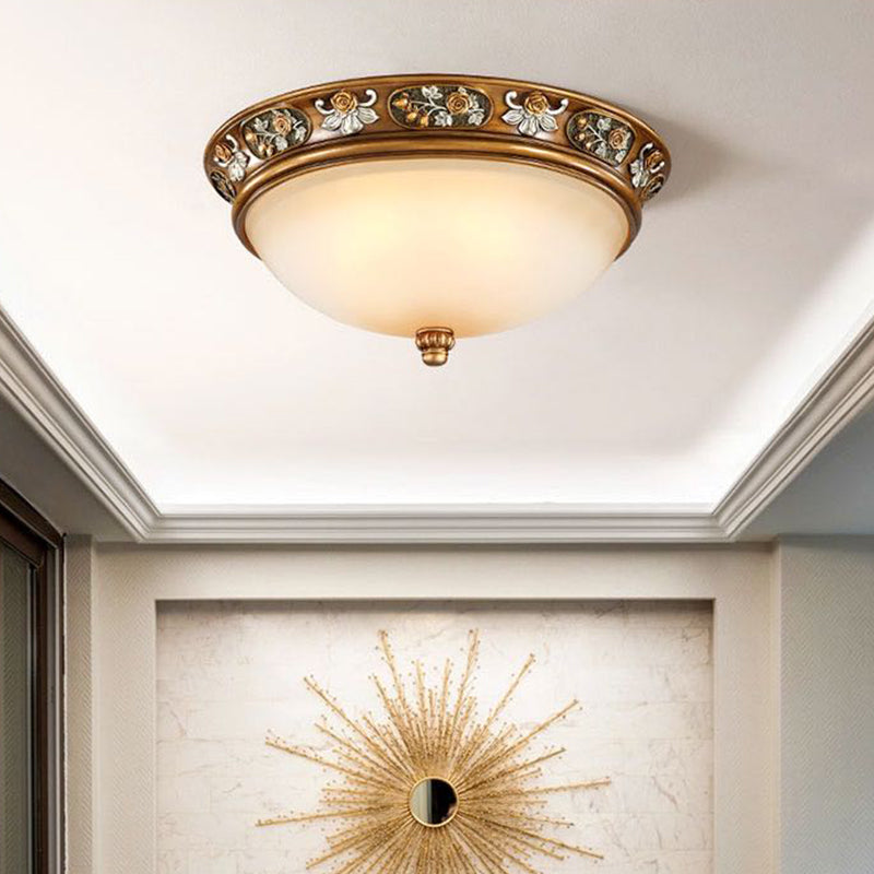 Dome Hallway Flush Ceiling Light Traditional White Glass Brown Flush Mount Light Fixture