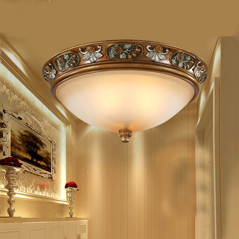 Dome Hallway Flush Ceiling Light Traditional White Glass Brown Flush Mount Light Fixture