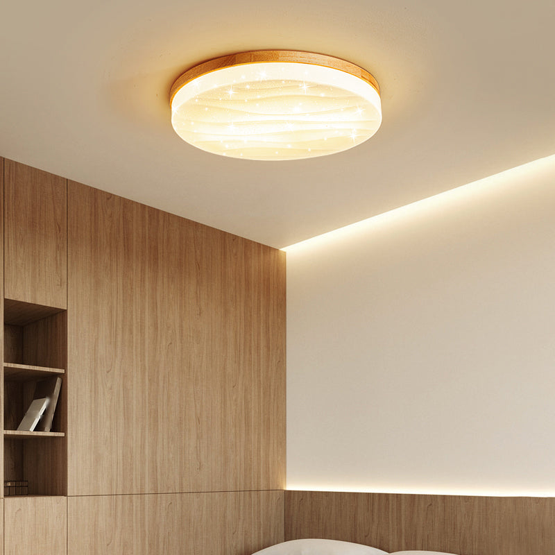 Round Wood Flush Mount plafondlamp Modern 1-licht spoelbevestiging plafondarmatuur in bruin