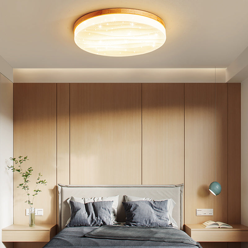 Round Wood Flush Mount Ceiling Light Modern 1-Light Flush Mount Ceiling Fixture in Brown