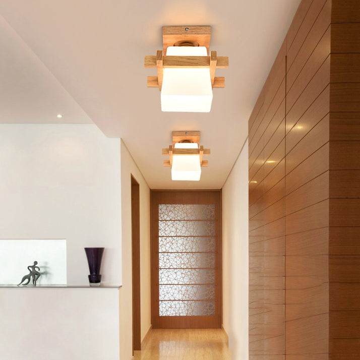 Modern Wooden Ceiling Light Glass Shade Flush Mount Light for Living Room