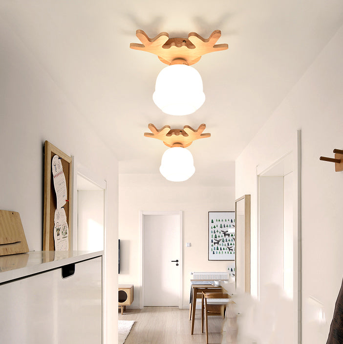 Modern Wooden Ceiling Light Glass Shade Flush Mount Light for Living Room