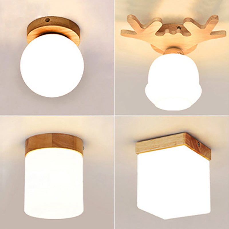 Modern Wooden Ceiling Light Glass Shade Flush Mount Light for Living Room