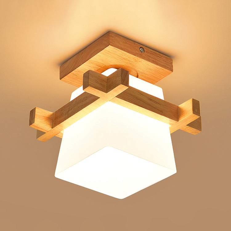 Modern Wooden Ceiling Light Glass Shade Flush Mount Light for Living Room