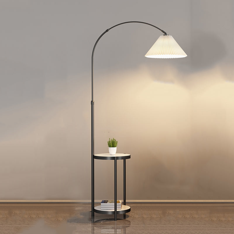 Nordic Style Iron Floor Lamp Cloth Shade Bulb Floor Light with Tea Table for Living Room