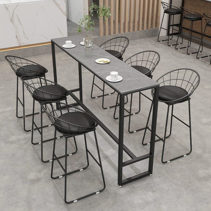 Modern Black Iron Bar Dining Table with Stone Top Rectangle Indoor Bistro Table