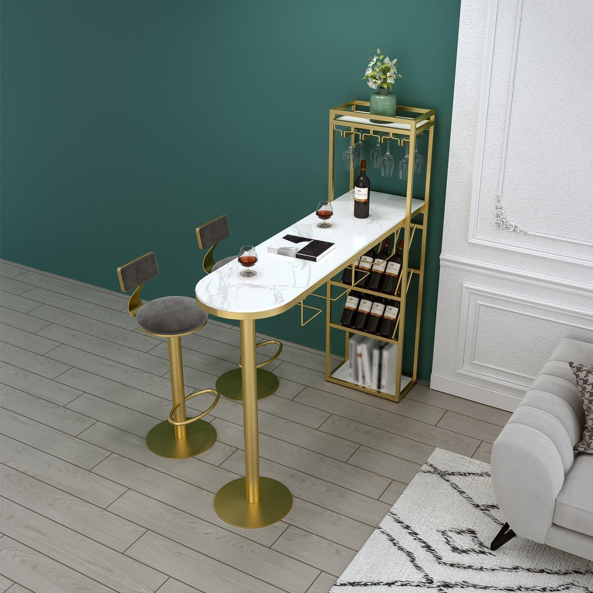 Modern Iron Bar Dining Table White Faux Marble Indoor Bistro Table with Wine Rack