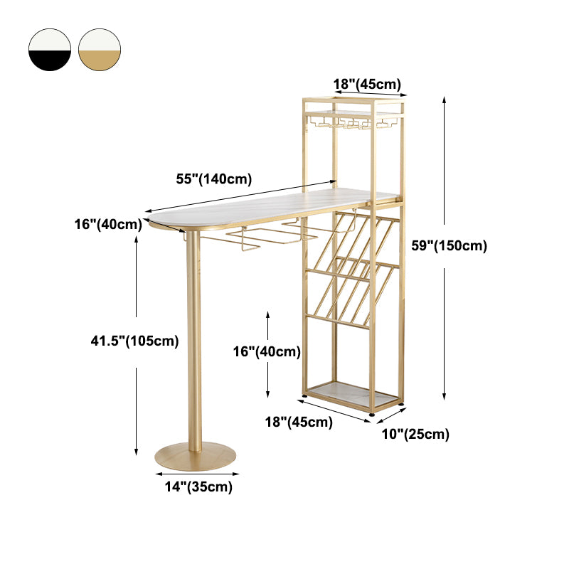 Modern Iron Bar Dining Table White Faux Marble Indoor Bistro Table with Wine Rack