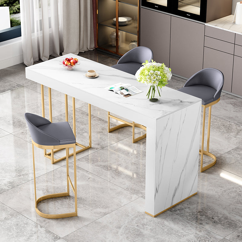 Glam White Wood Bar Dining Table with Stone Top Rectangle Indoor Bistro Table