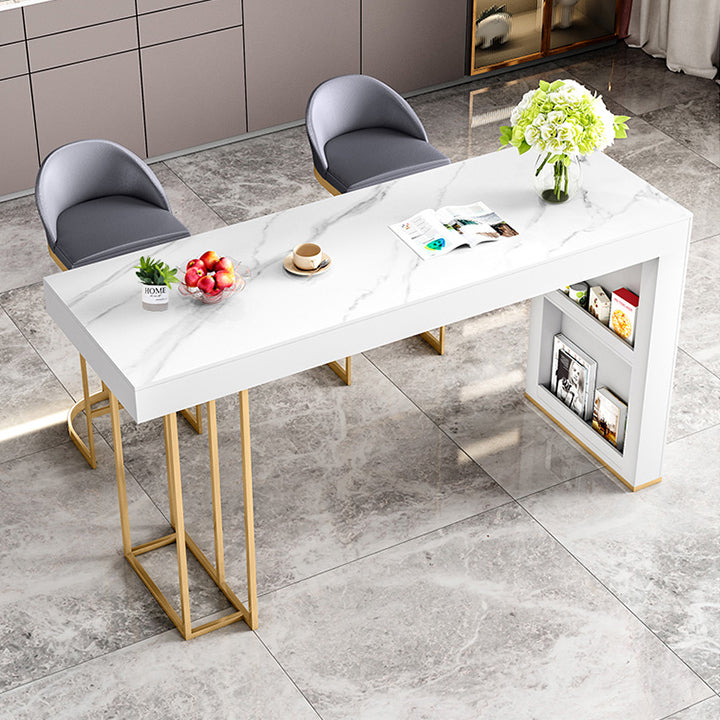 Glam White Wood Bar Dining Table with Stone Top Rectangle Indoor Bistro Table