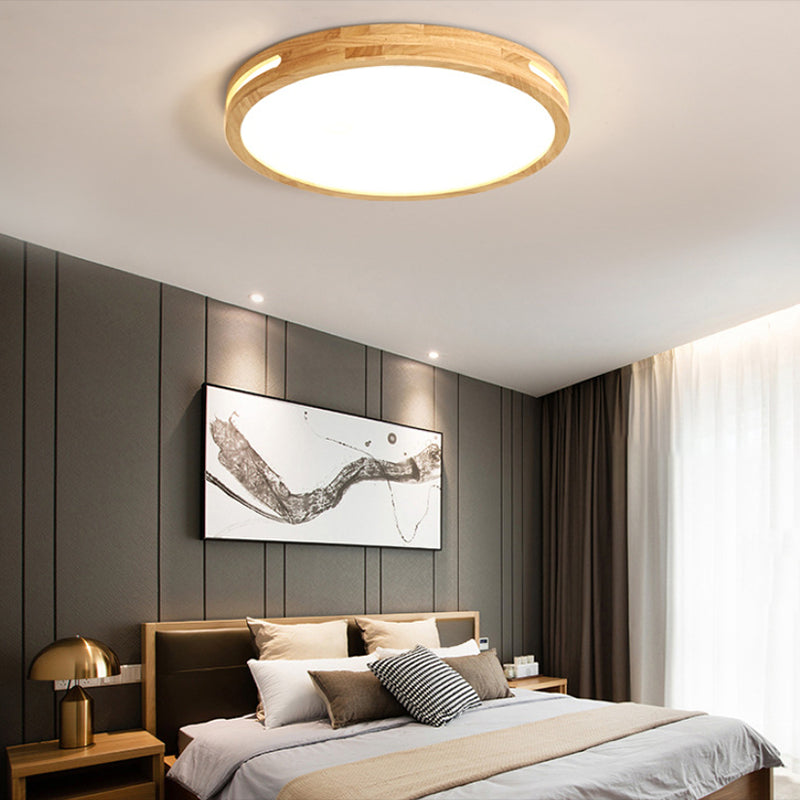 Round Wood Flush Mount Ceiling Light Modern 1-Light Flush Mounted Ceiling Fixture in Brown