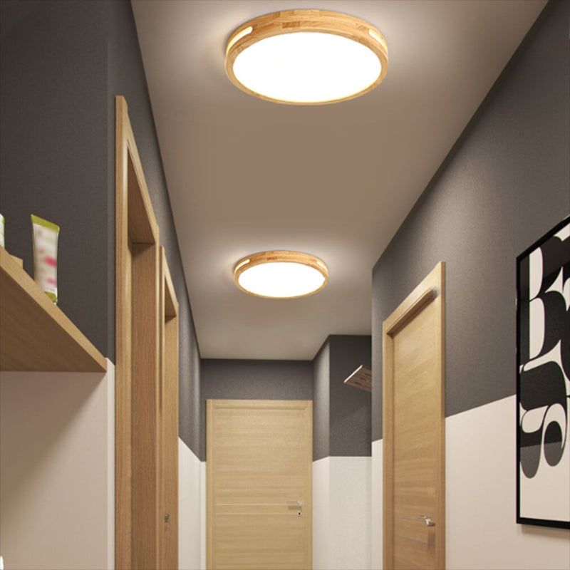 Round Wood Flush Mount plafondlamp Modern 1-licht spoelig gemonteerd plafondarmatuur in bruin