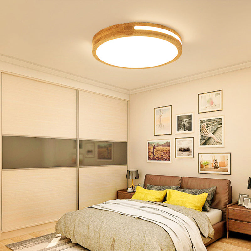 Round Wood Flush Mount plafondlamp Modern 1-licht spoelig gemonteerd plafondarmatuur in bruin