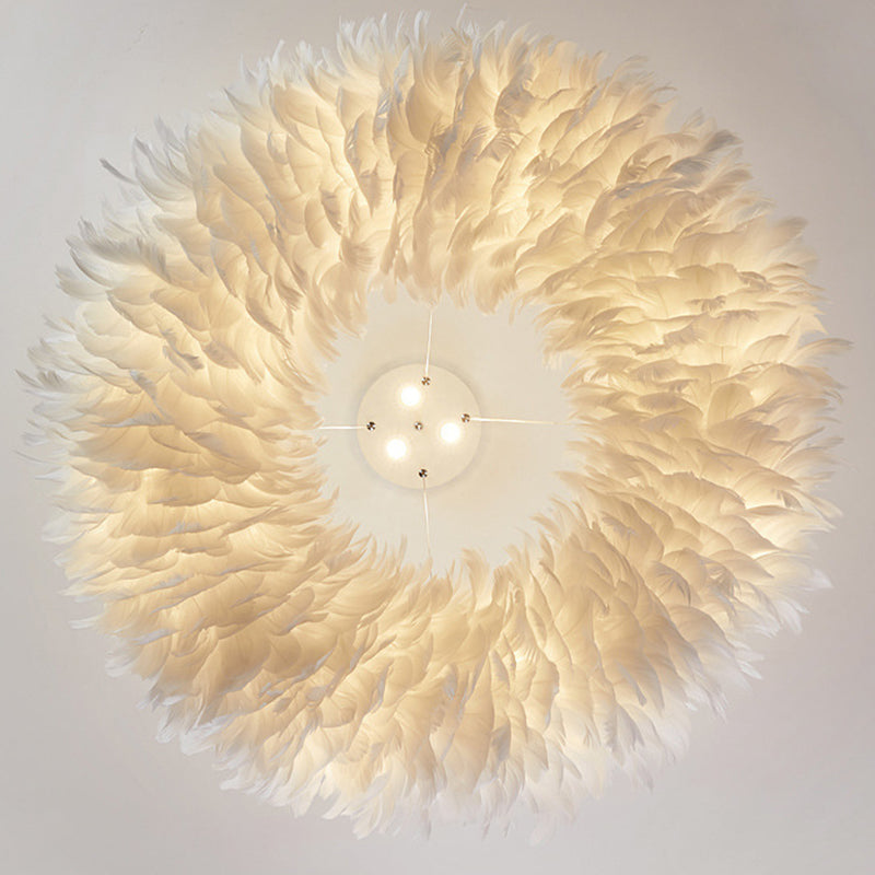 White Feather Chandelier Nordic Style Round Chandelier Pendant for Living Room