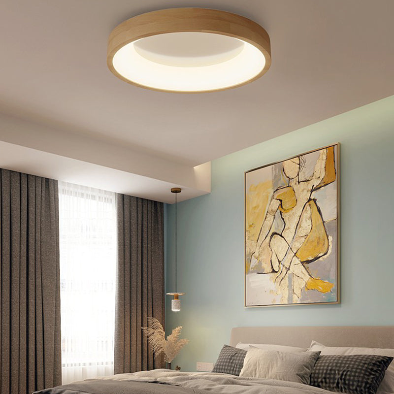 Round Flush Wood Mount Ceiling Light Modern 1 Light Flush Mount Ceiling Fixture in Brown