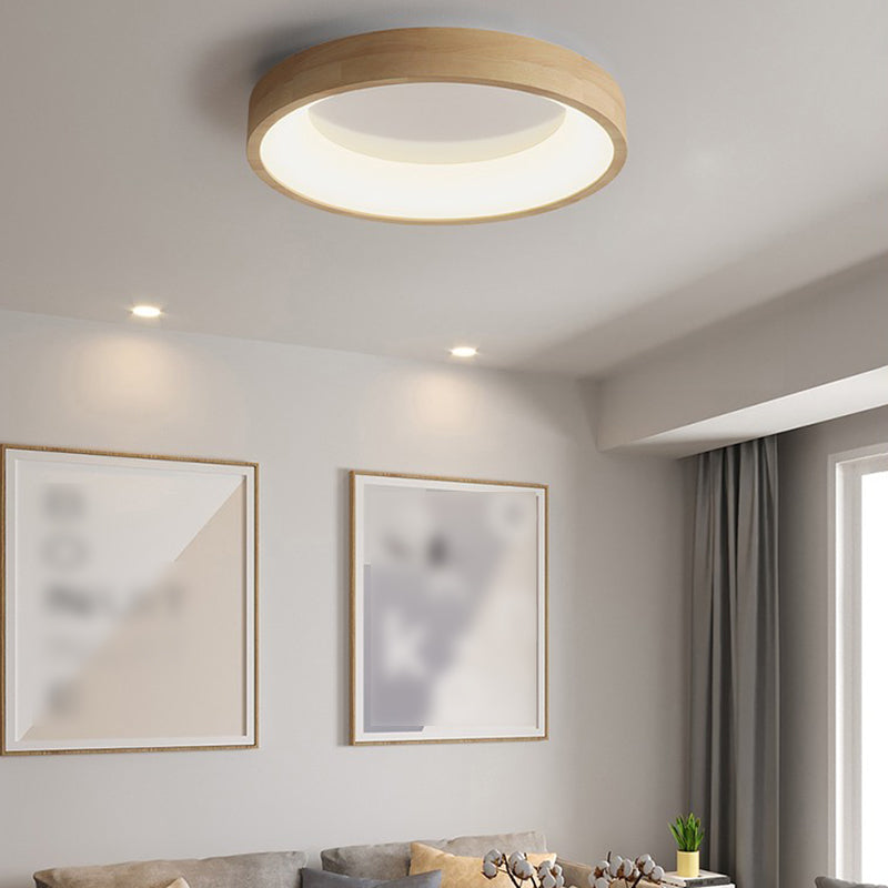 Round Flush Wood Mount Ceiling Light Modern 1 Light Flush Mount Ceiling Fixture in Brown