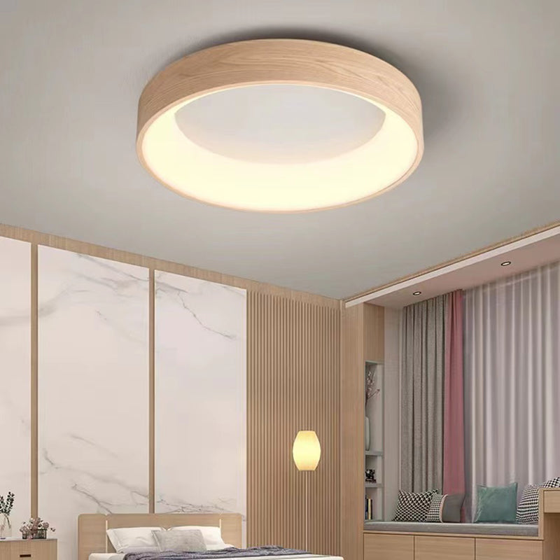 Round Flush Wood Mount Ceiling Light Modern 1 Light Flush Mount Ceiling Fixture in Brown