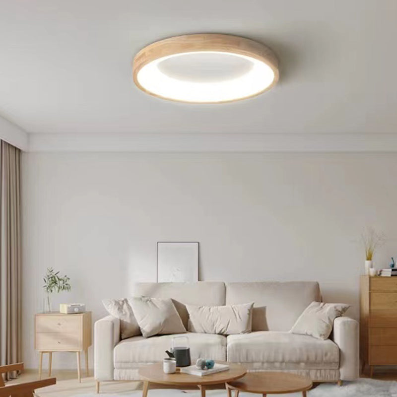 Round Flush Wood Mount Ceiling Light Modern 1 Light Flush Mount Ceiling Fixture in Brown