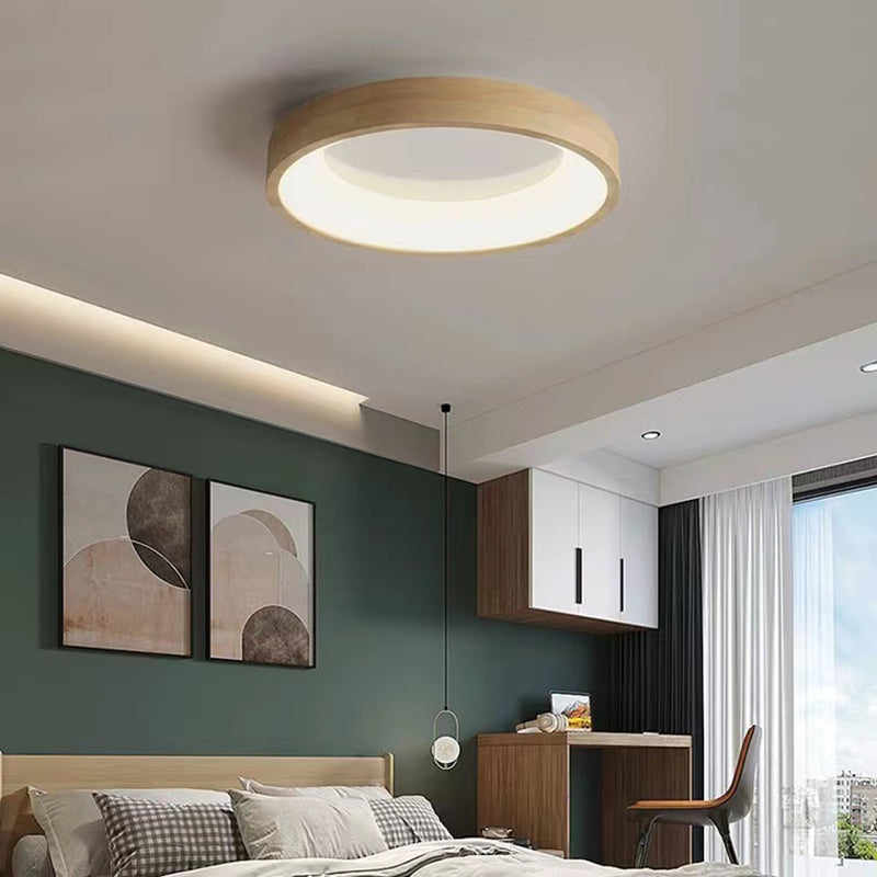 Round Flush Wood Mount Ceiling Light Modern 1 Light Flush Mount Ceiling Fixture in Brown