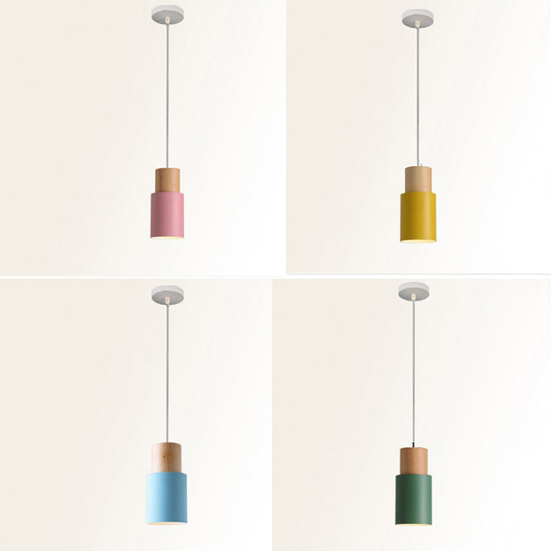 Macaron Style Hanging Light Fixture 1-Light Pendant Lamp with Wood for Bedroom