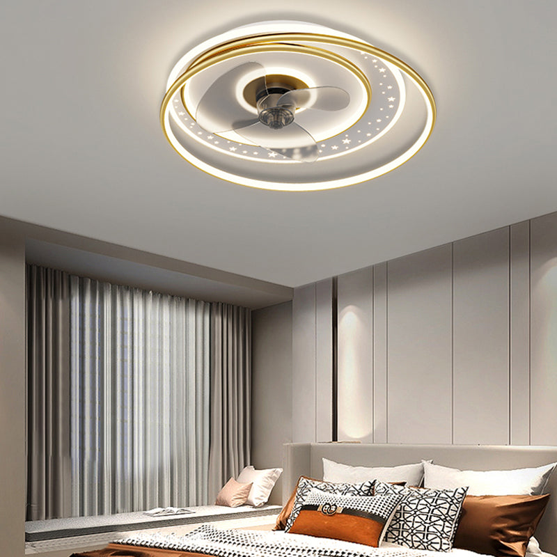 Stylish Modern Circular Ceiling Fan Lamp Metallic Bedroom LED Semi Flush Mount Light