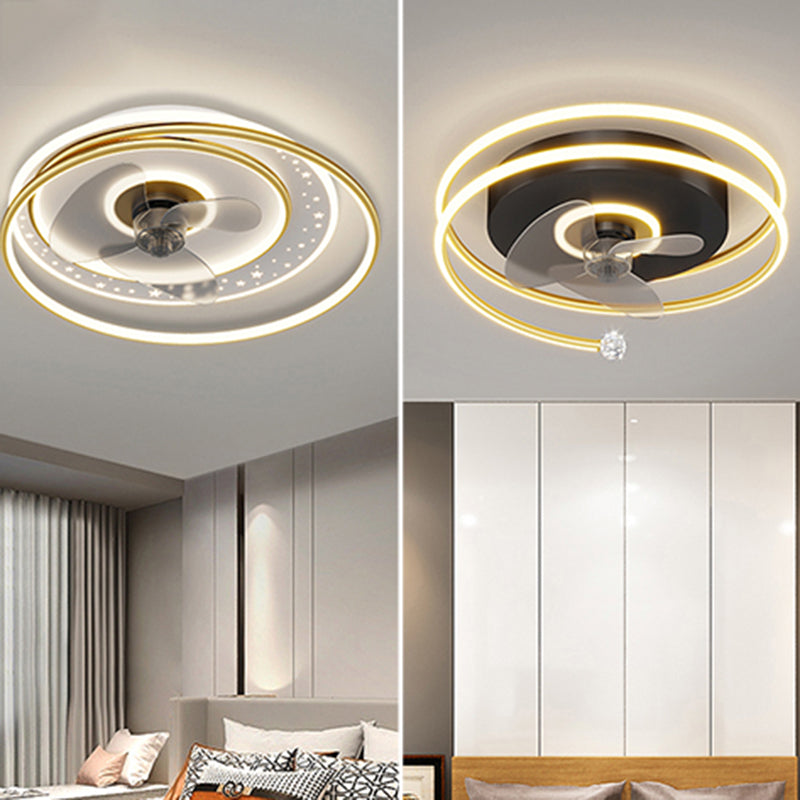 Stylish Modern Circular Ceiling Fan Lamp Metallic Bedroom LED Semi Flush Mount Light