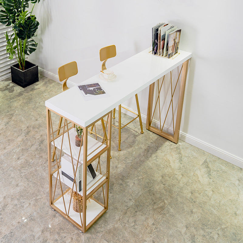 Glam Iron Bar Dining Table White Wood Rectangle Indoor Bistro Table with Shelf